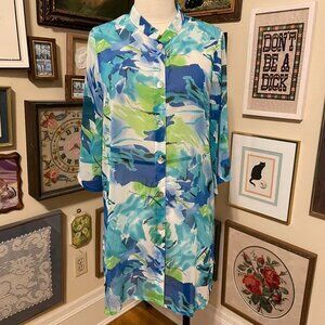 Ulla Popken Blue & Green Abstract Pattern Relaxed Button-Down Blouse  Size 14